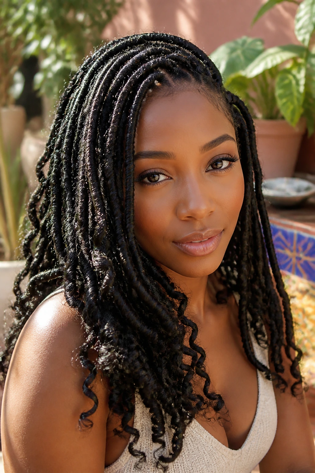 Close-up of a real woman with goddess locs and curly ends in a sunny outdoor courtyard