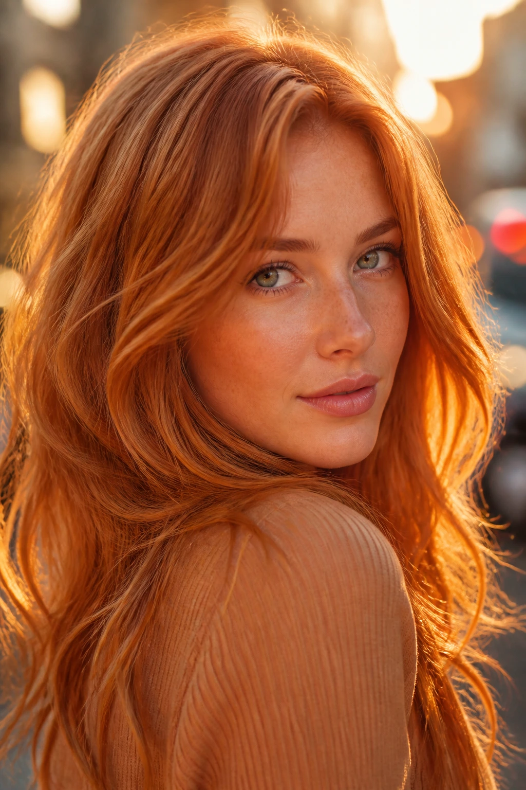 Close-up of a real woman with golden hour copper hair in golden hour outdoor light.