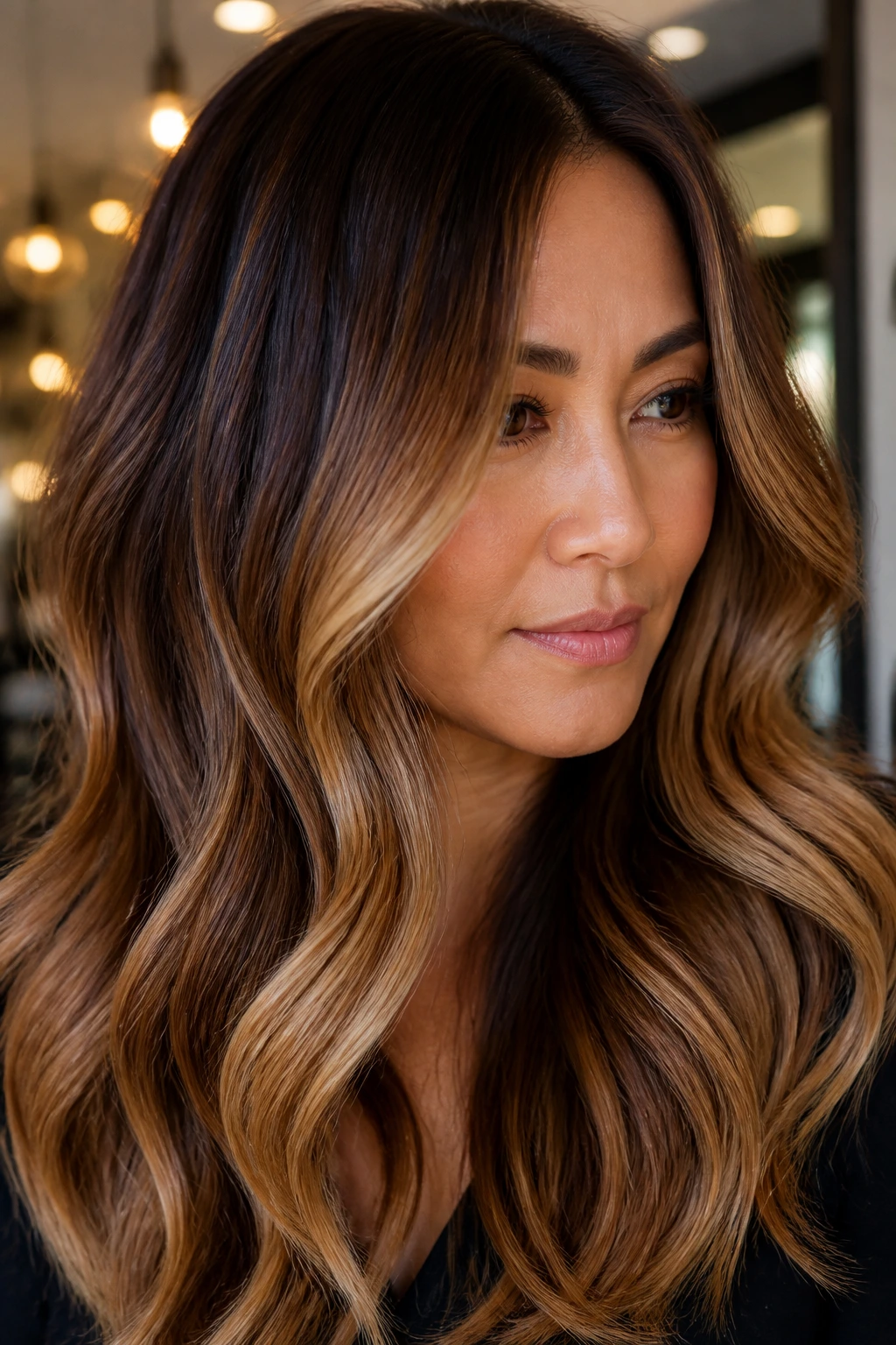 Close-up of a real woman showing chocolate-to-caramel ombre from roots to ends