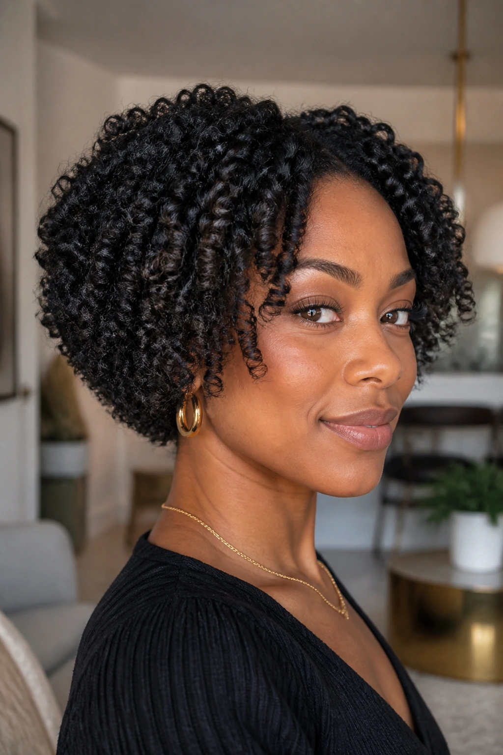 Close-up portrait of a Black woman with a short graduated bob