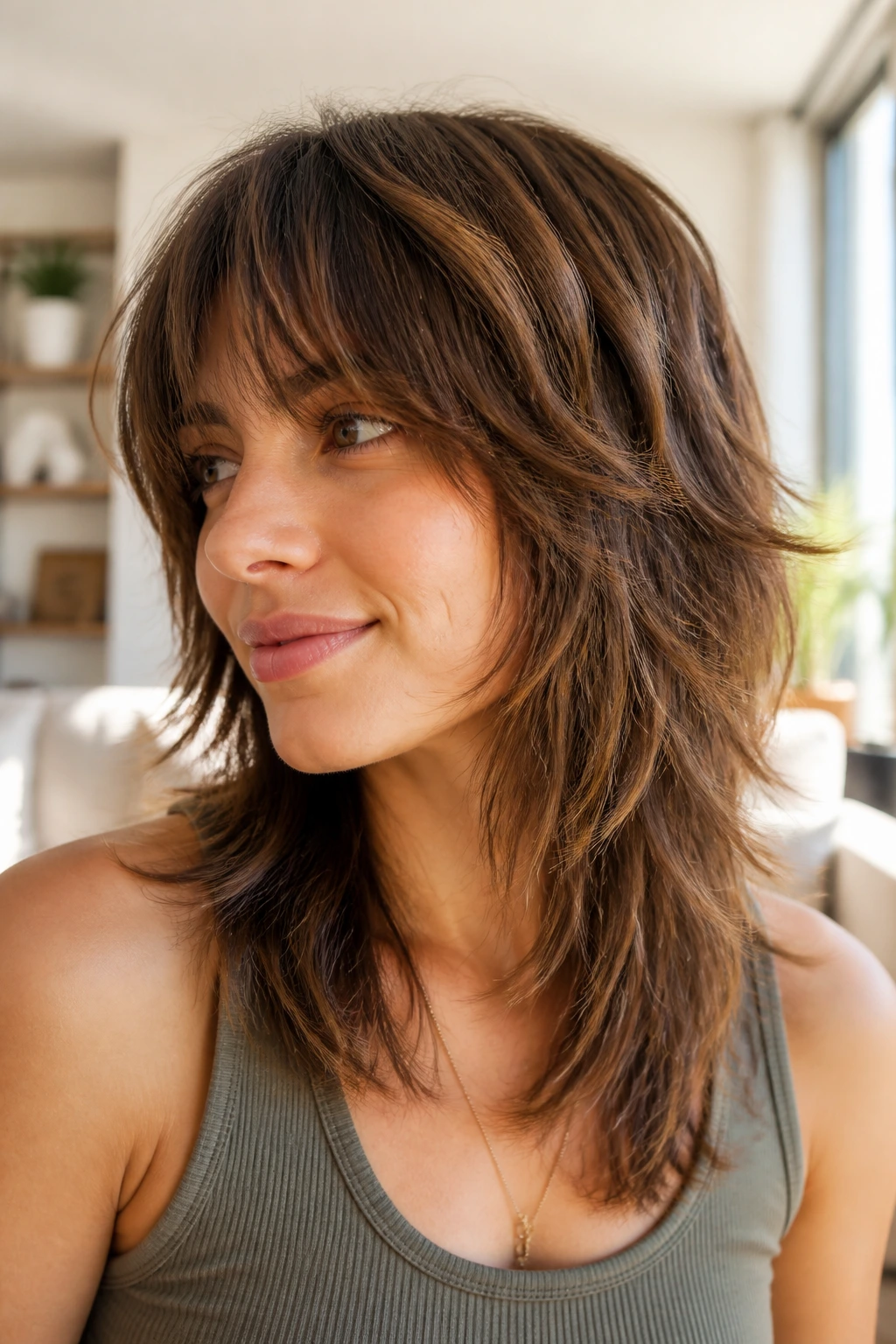 Close-up portrait of a real person with graduated layer shag showing staircase layers