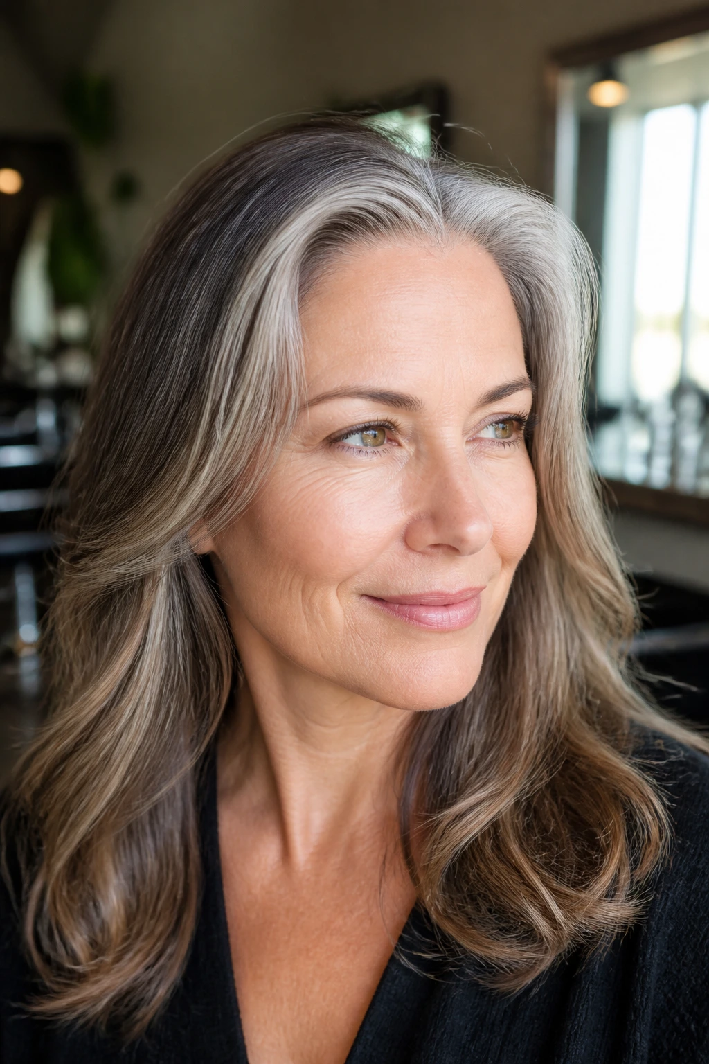 Real person with growing out grey transition on hair in a bright salon.