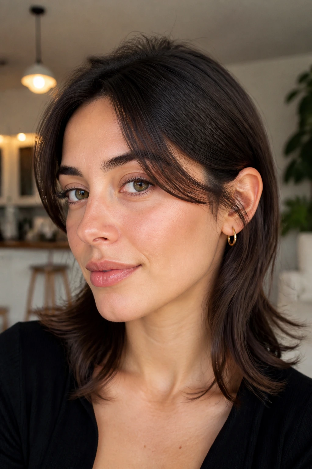 Real person with curtain bangs growing out, tucked behind ear