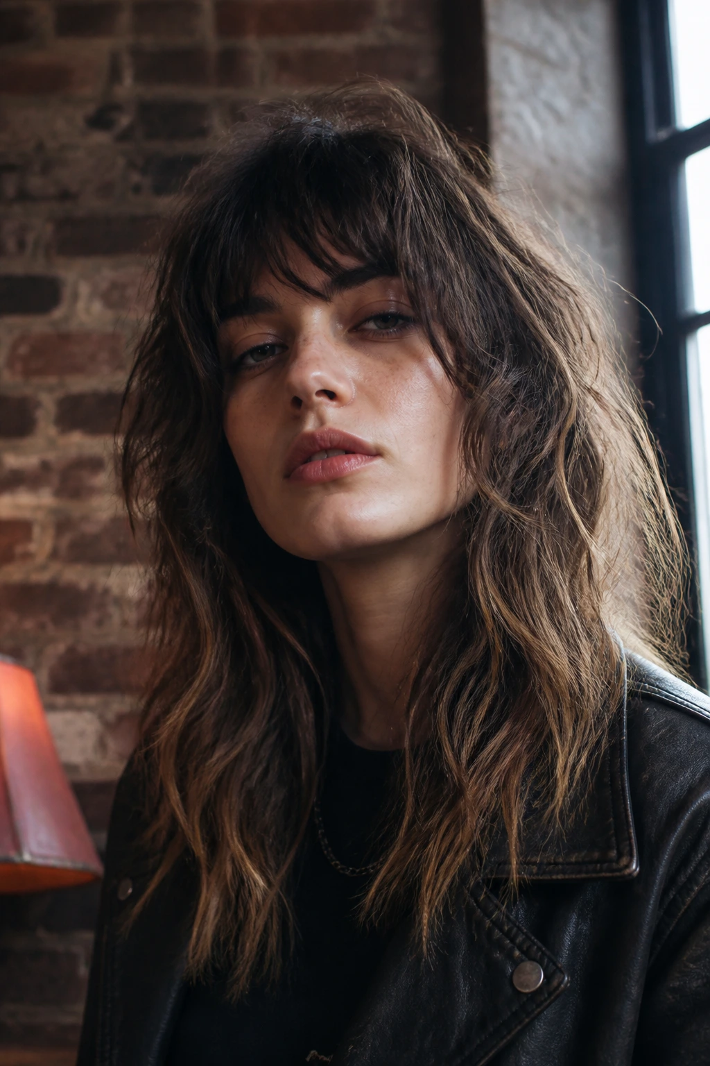 Close-up of a real person with a grunge shag, messy layers and moody lighting.