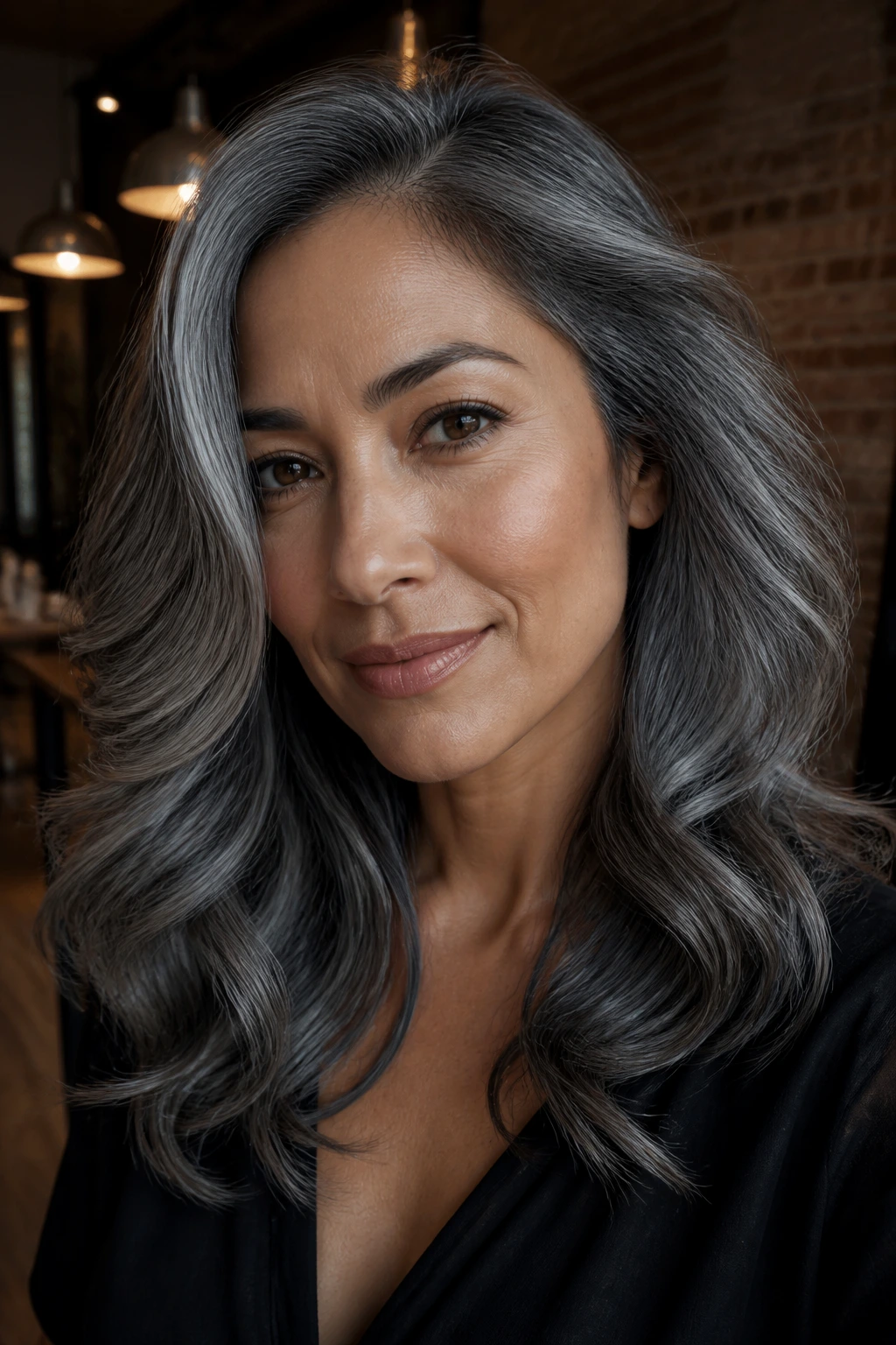 Portrait of a real person with gunmetal silver hair in moody salon lighting