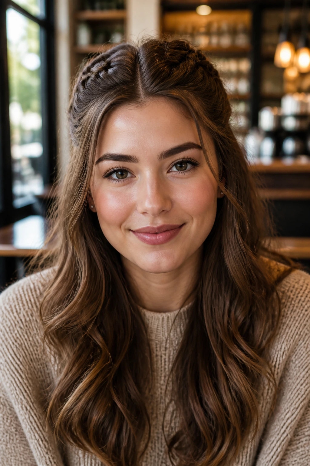 Close-up of a real woman with half-up braided hairstyle