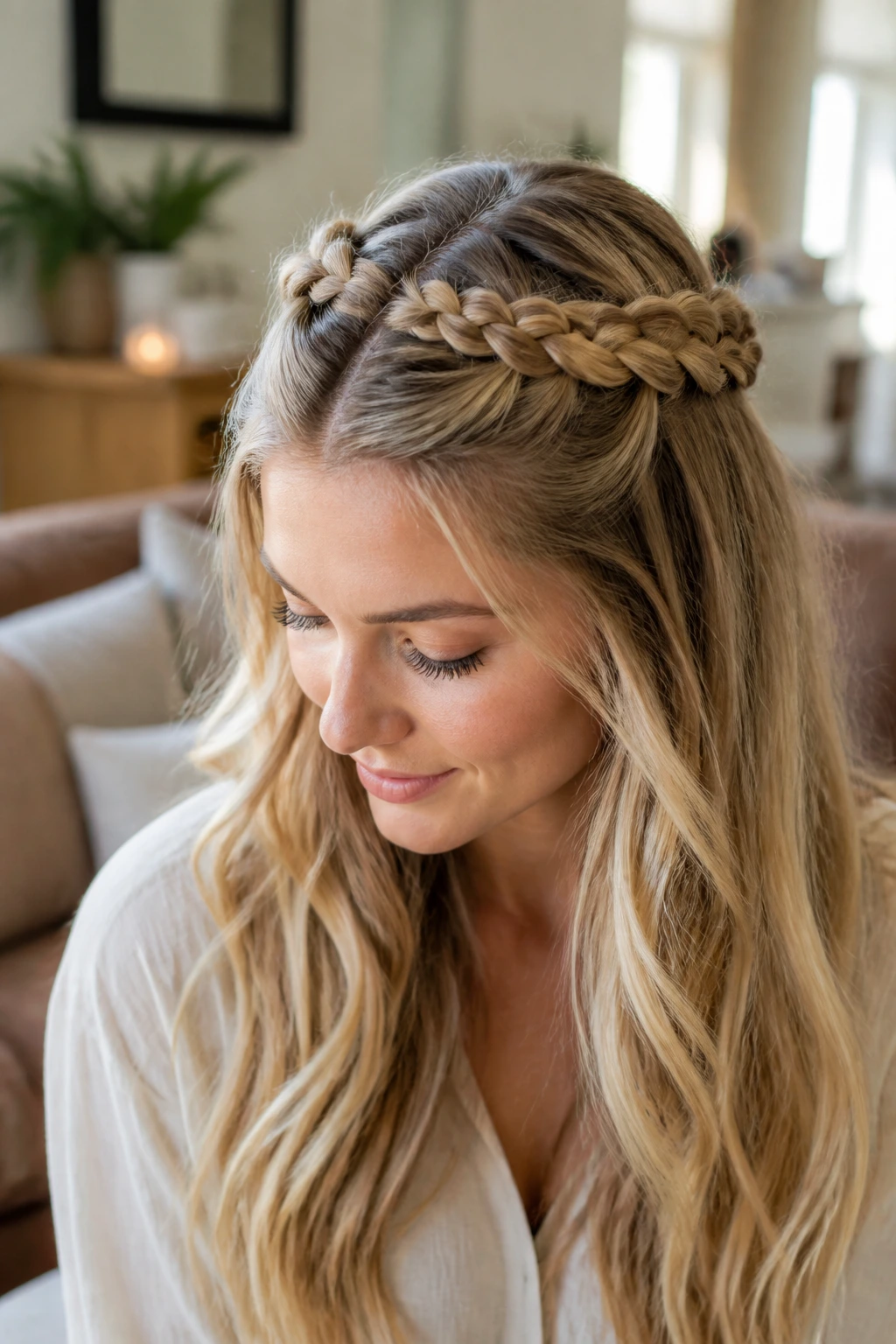 Close-up of a real woman with two braids forming a crown halo on top