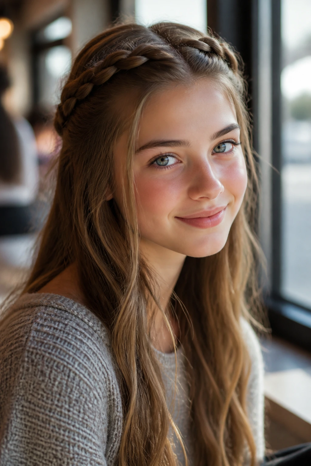 Teen girl wearing a half-up crown braid in a cafe setting