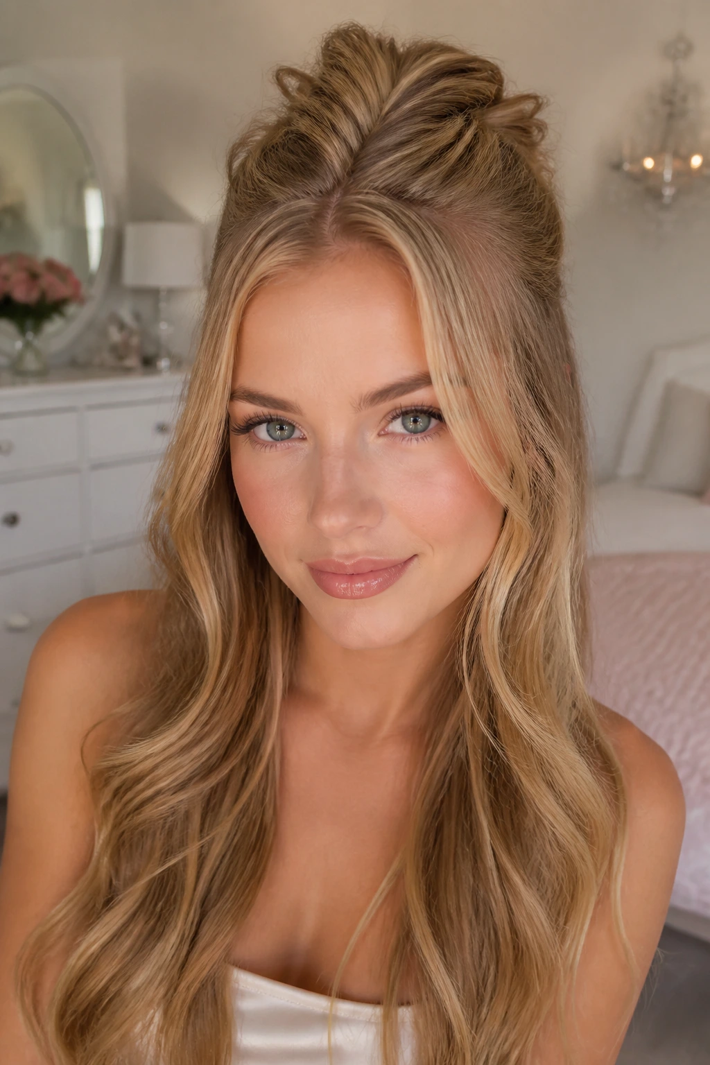 Close-up of a woman with a half-up fishtail braid