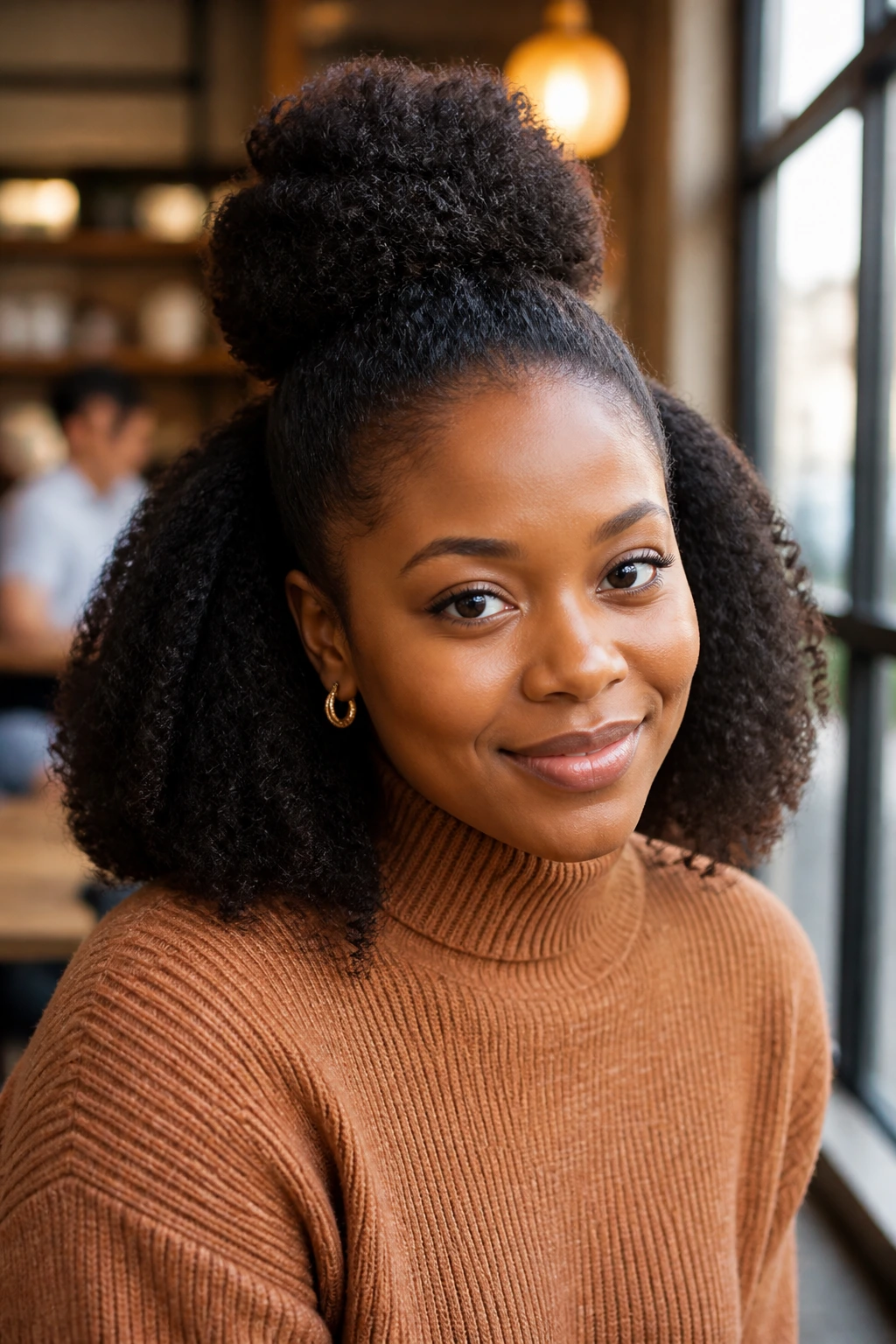 Real woman wearing half-up half-down hairstyle with 4c curls