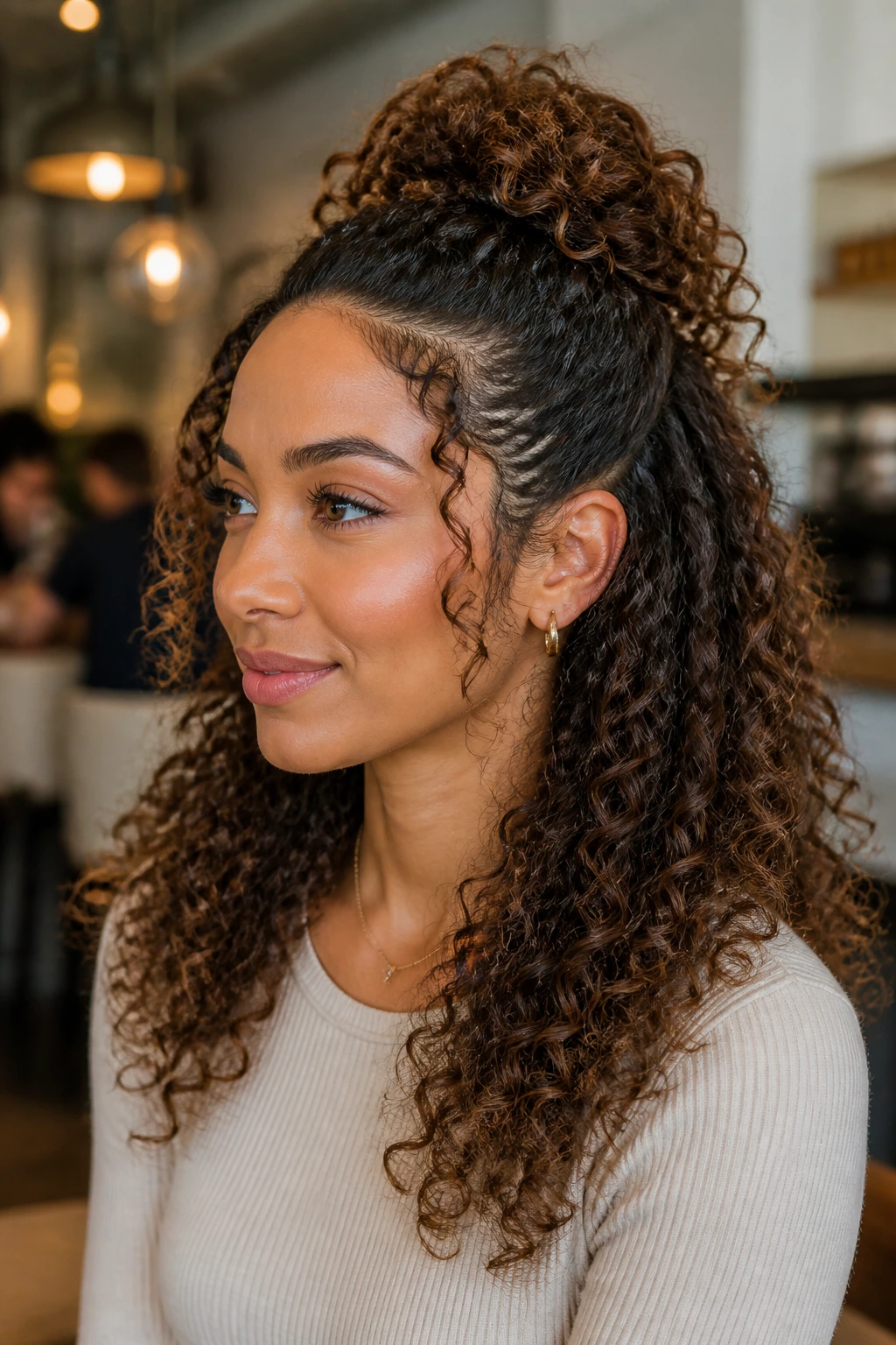 Close-up of a real woman with a half-up half-down hairstyle and defined crown