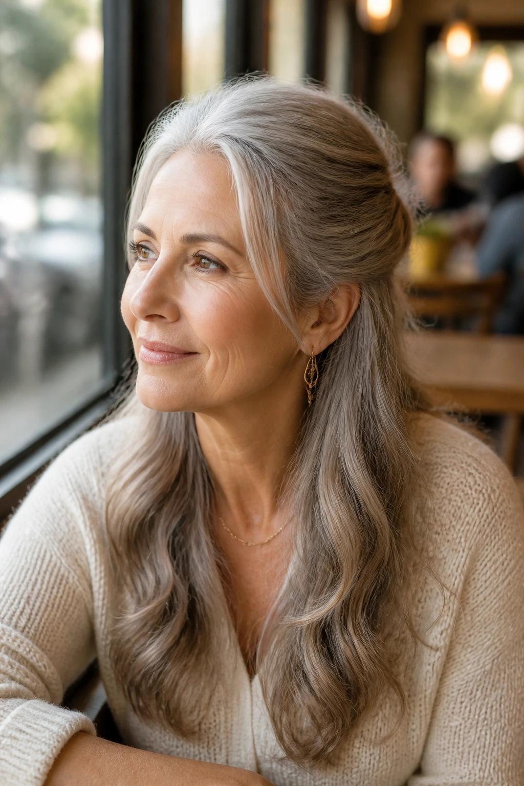 Close-up portrait of a real woman with half-up half-down hairstyle