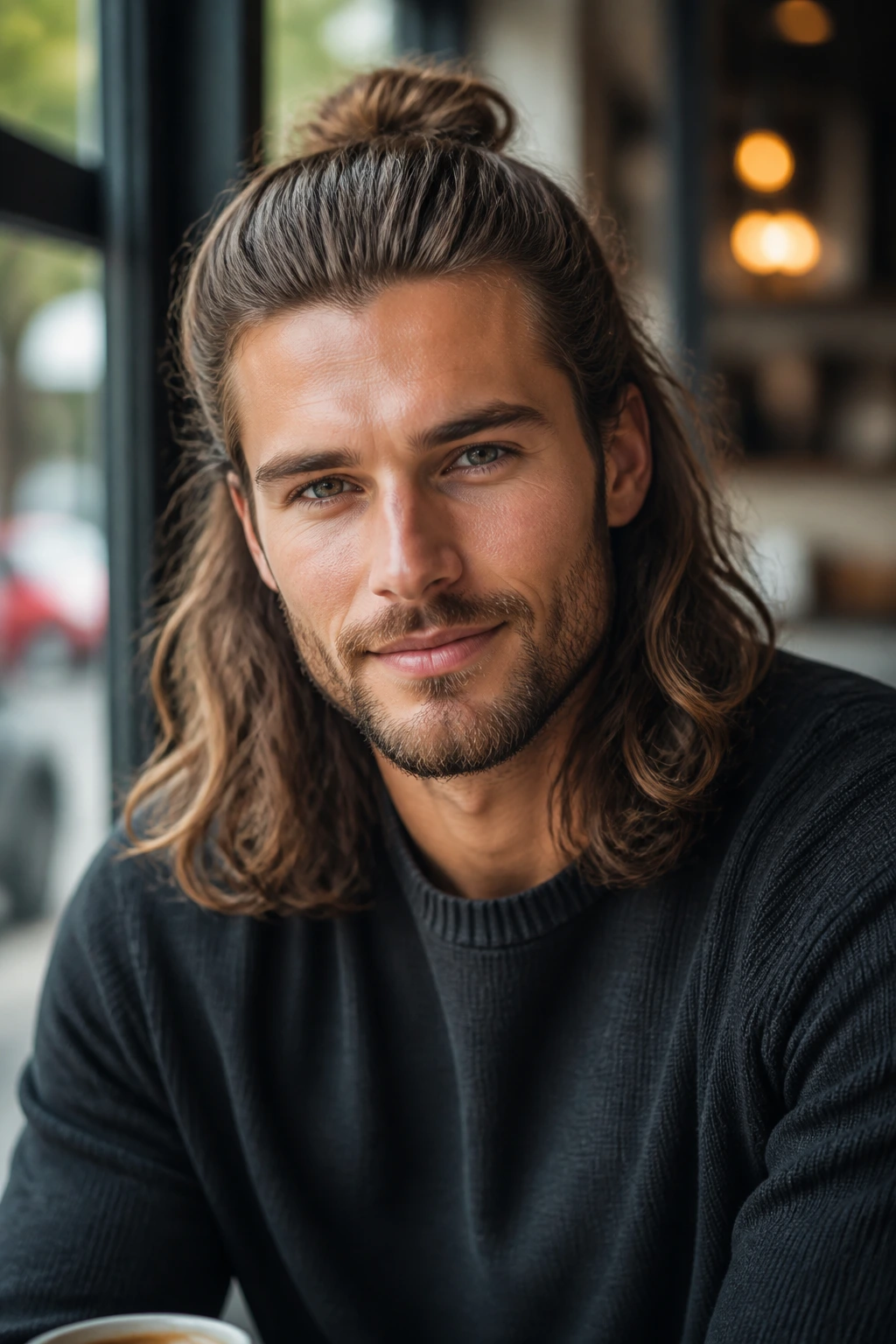 Portrait of man with half-up half-down hairstyle in cafe setting