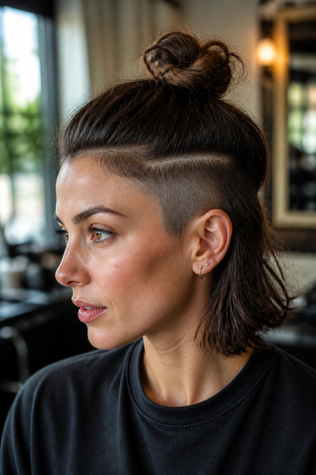 Close-up portrait of a real woman with a half-up top knot and exposed undercut in a warm salon setting