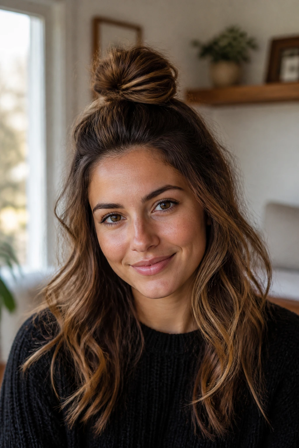 Real woman with a loose half-up top knot hairstyle, indoors in soft light.
