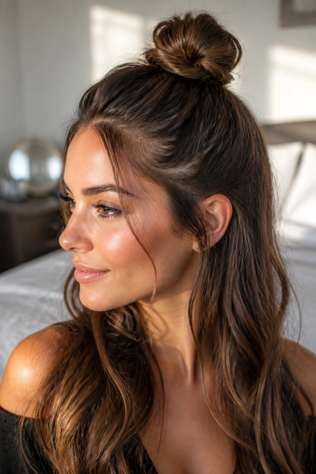 Woman with half-up top knot hairstyle in a sunlit bedroom