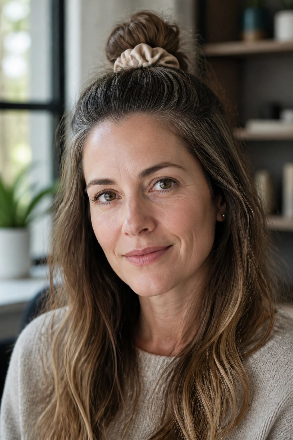 Close-up portrait of a real woman with a half-up top knot hairstyle in natural light.