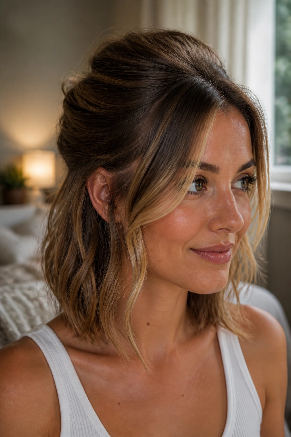 Close-up of a real woman with a half-up top tuck crown puff and tucked ends.