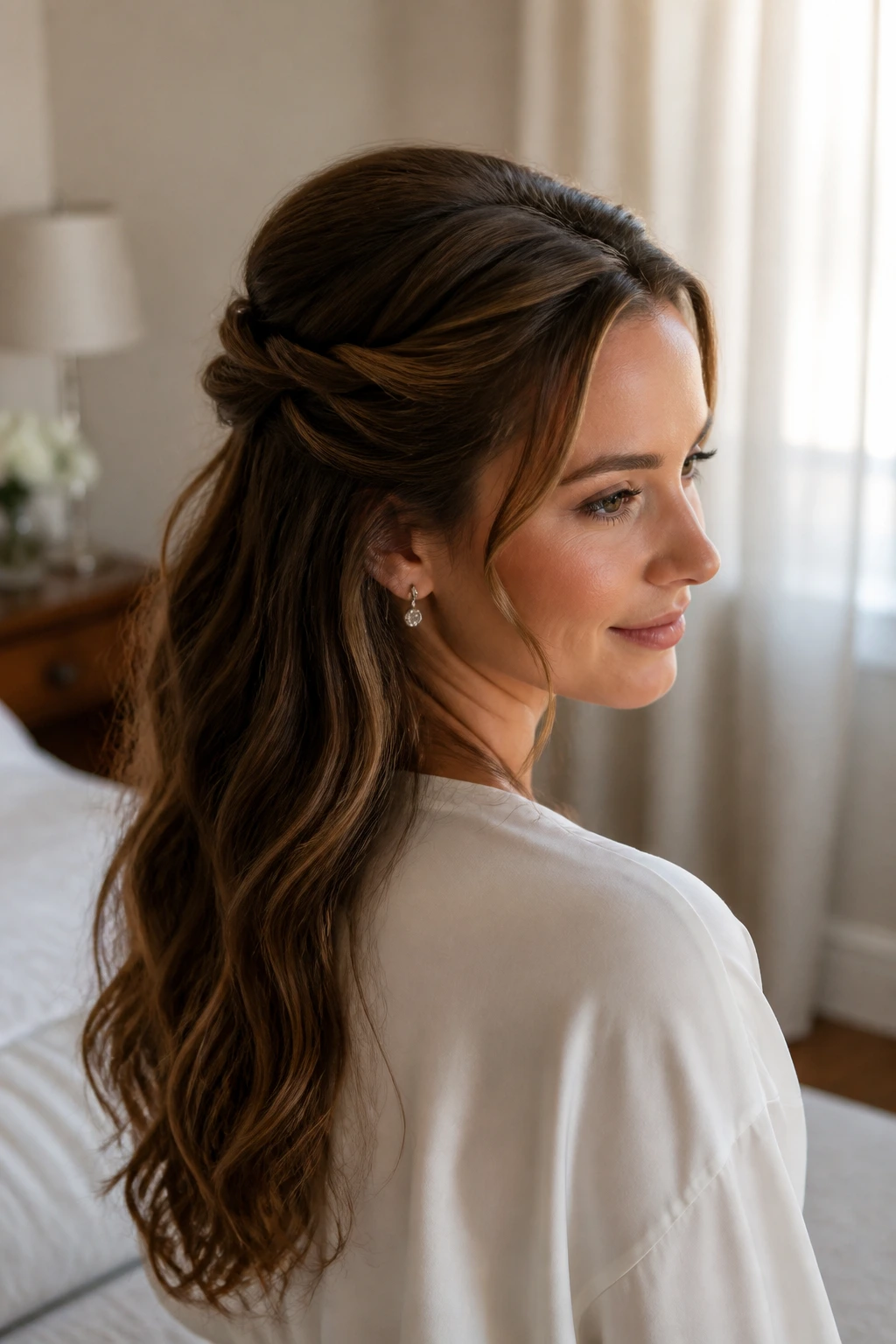 Medium close-up of a woman with two twists pulled to the back