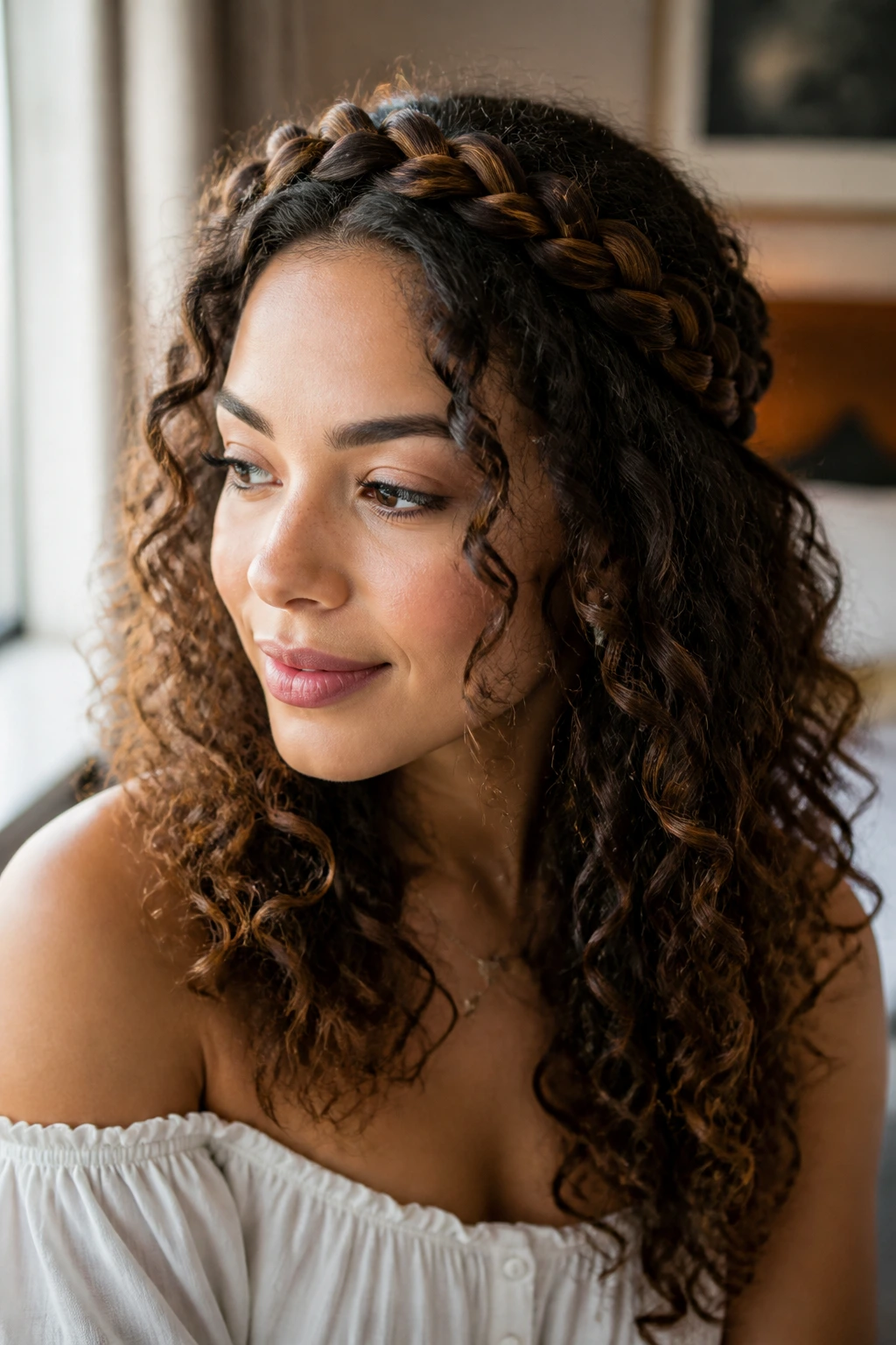 Portrait of a real person with halo braid encircling the head and loose curls underneath
