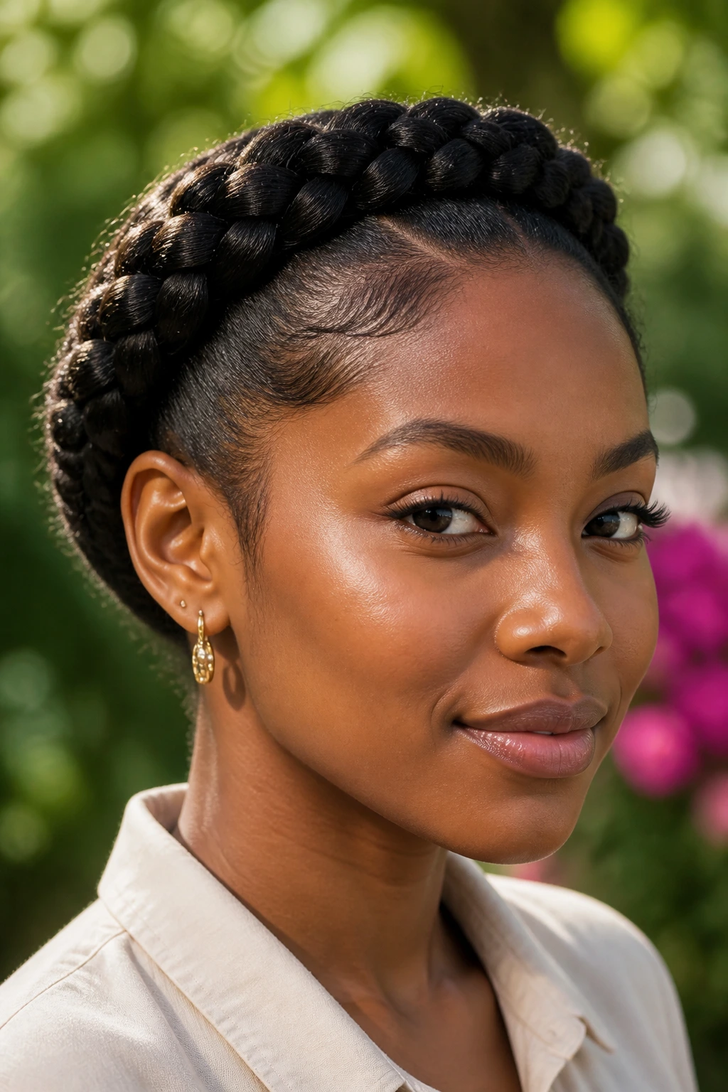 Real woman wearing halo crown braid, portrait with natural light