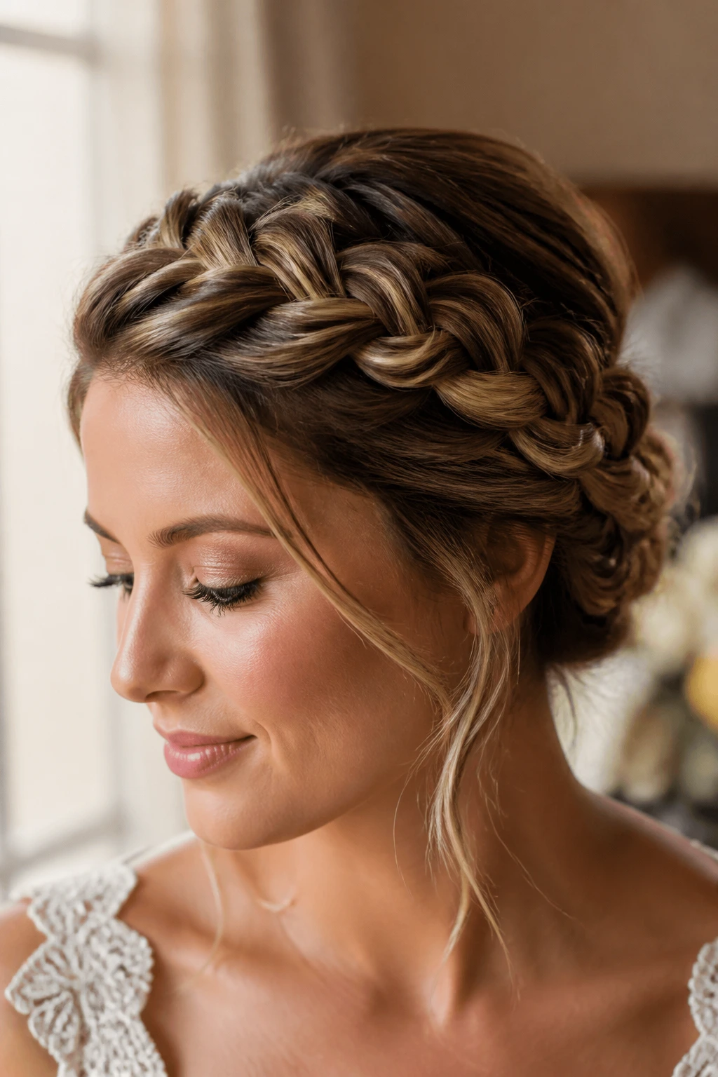 Close-up of a real woman in a halo Dutch braid updo with lifted crown and tucked finish