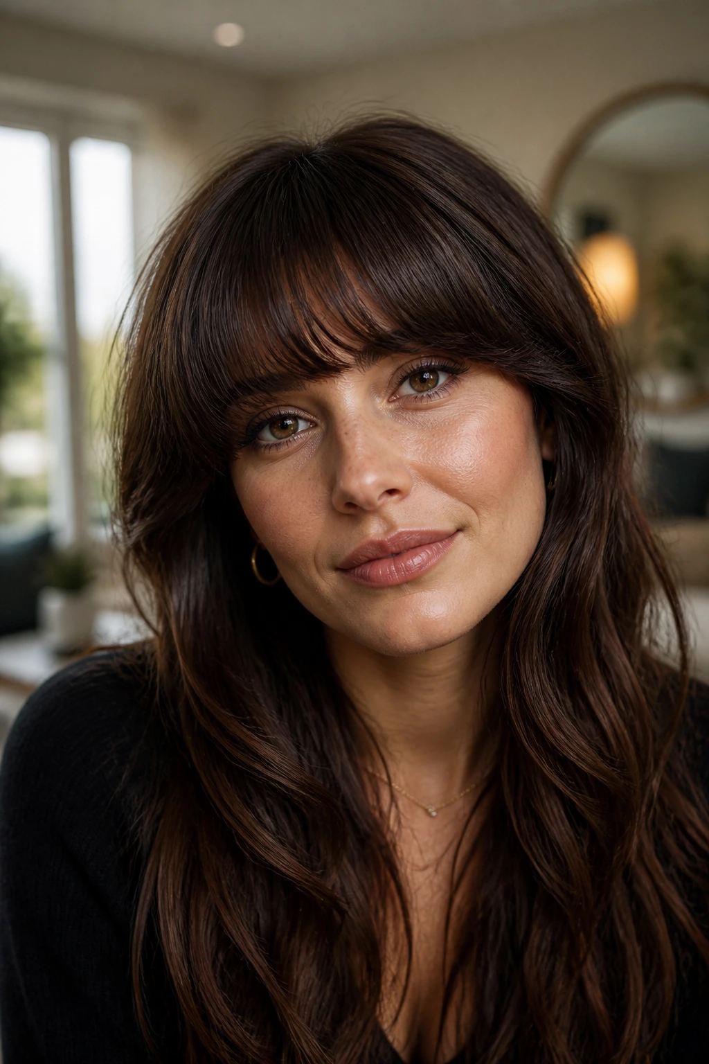 Close-up portrait of a real woman with rounded halo fringe