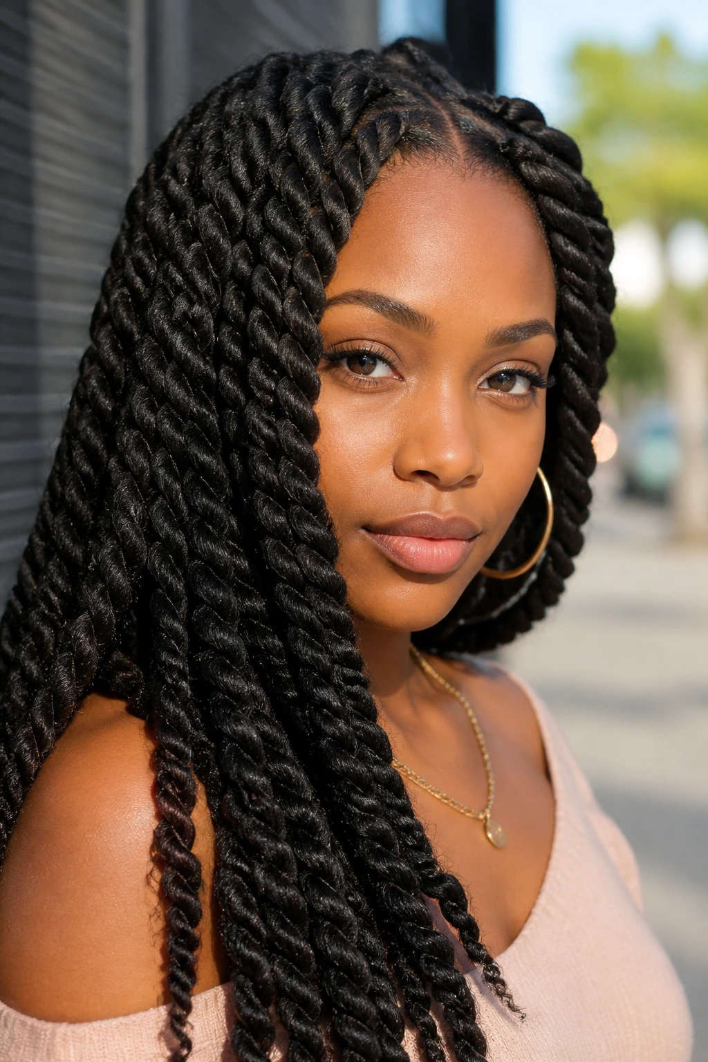 Close-up of a real woman with chunky Havana twists in rope texture