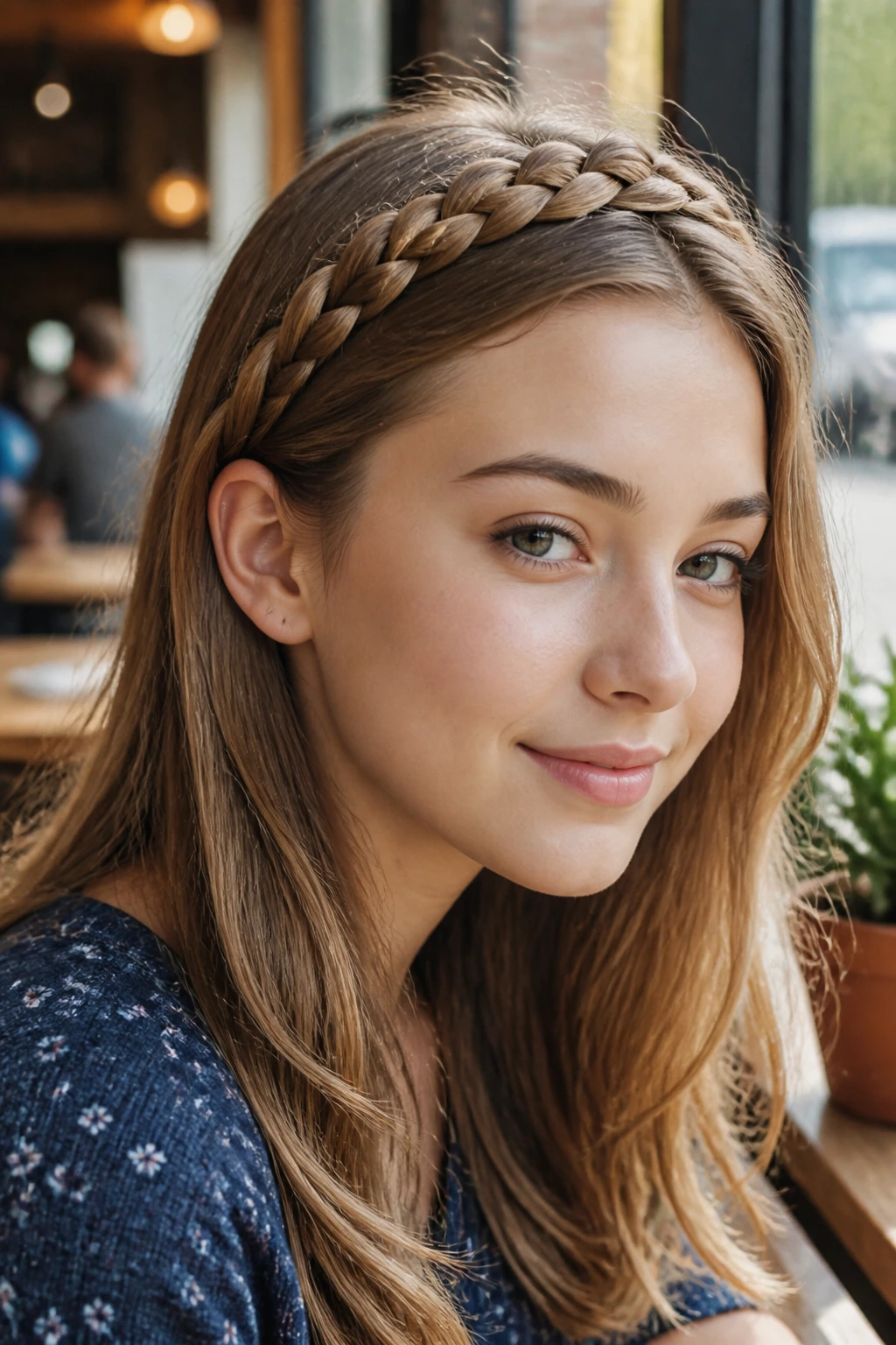 Close-up portrait of teen girl with faux braided headband across crown