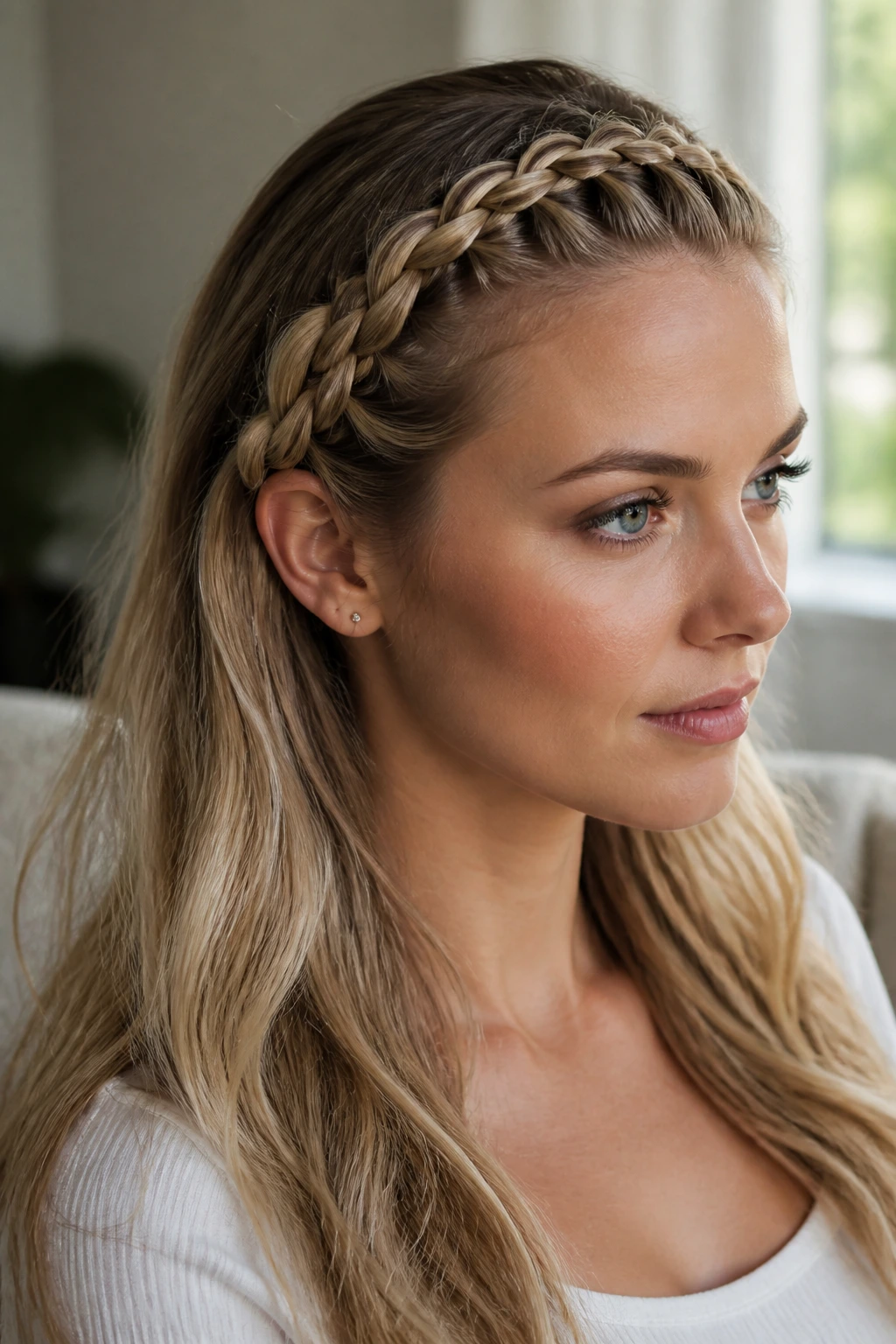 Close-up of a real woman with a headband-style French braid along the hairline