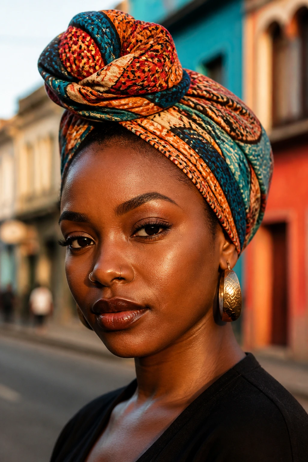 Close-up of a real person wearing a vibrant headwrap outdoors