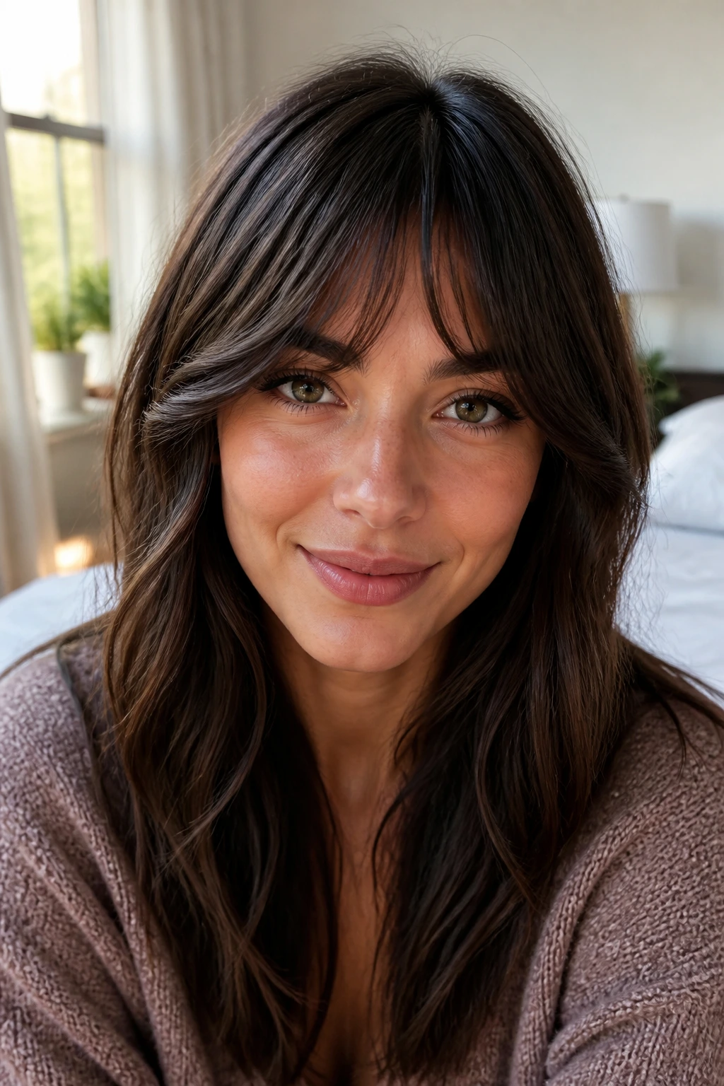 Close-up portrait of a woman with heart-shaped softening fringe, thinner sides and heavier center