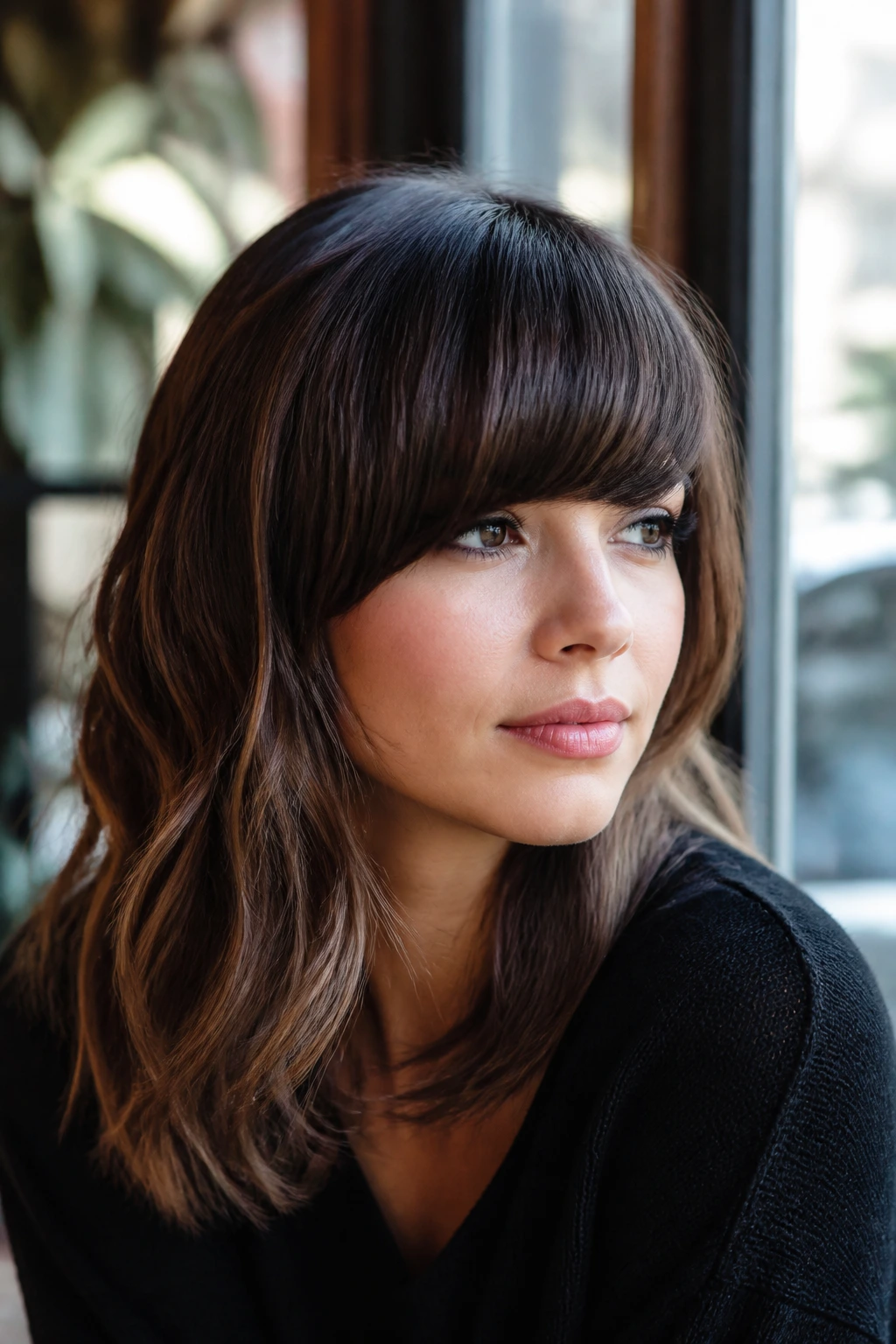 Close-up portrait of a real woman with a heavy blunt fringe sweeping across the forehead.