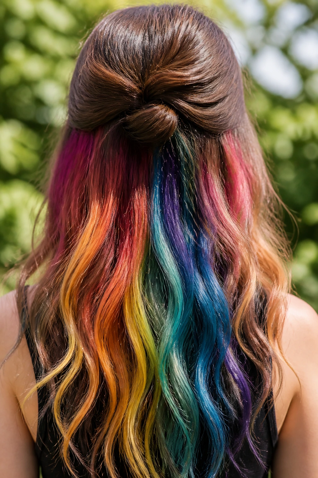 Back view of real person showing hidden rainbow hair layers at the nape