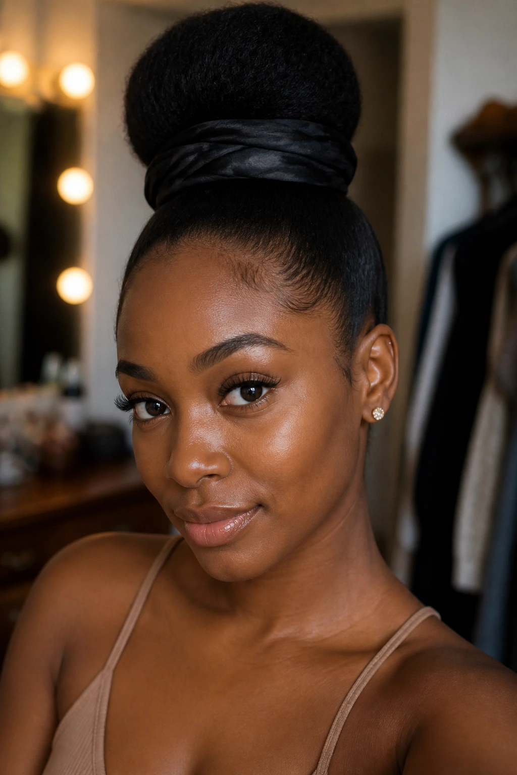 Close-up of a real person with a sleek high bun