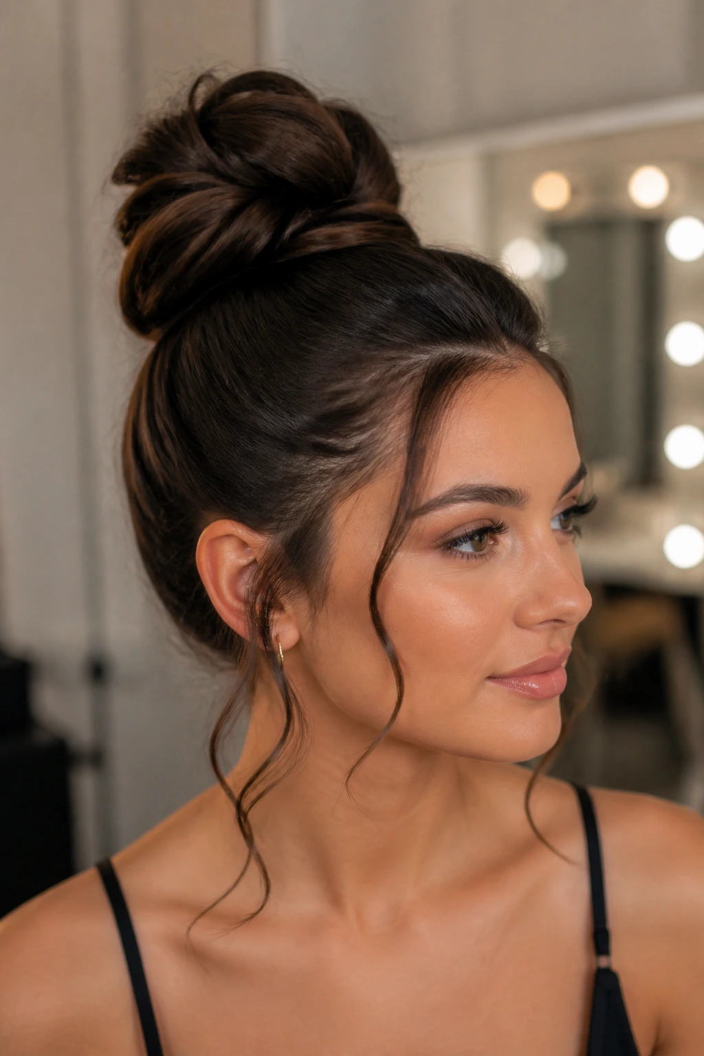 Close-up of a real woman with a sleek high bun and curling tendrils