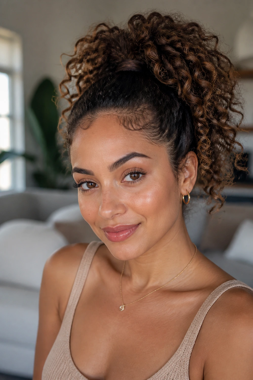 Close-up of a real woman with a high curly ponytail
