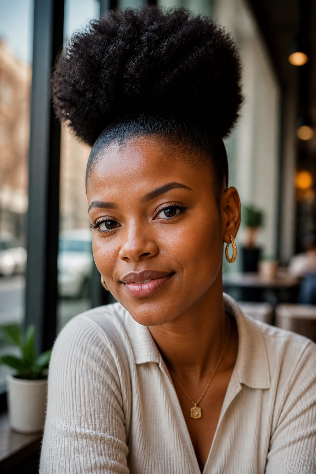 Close-up of a real woman with a sleek high puff hairstyle filling the frame.