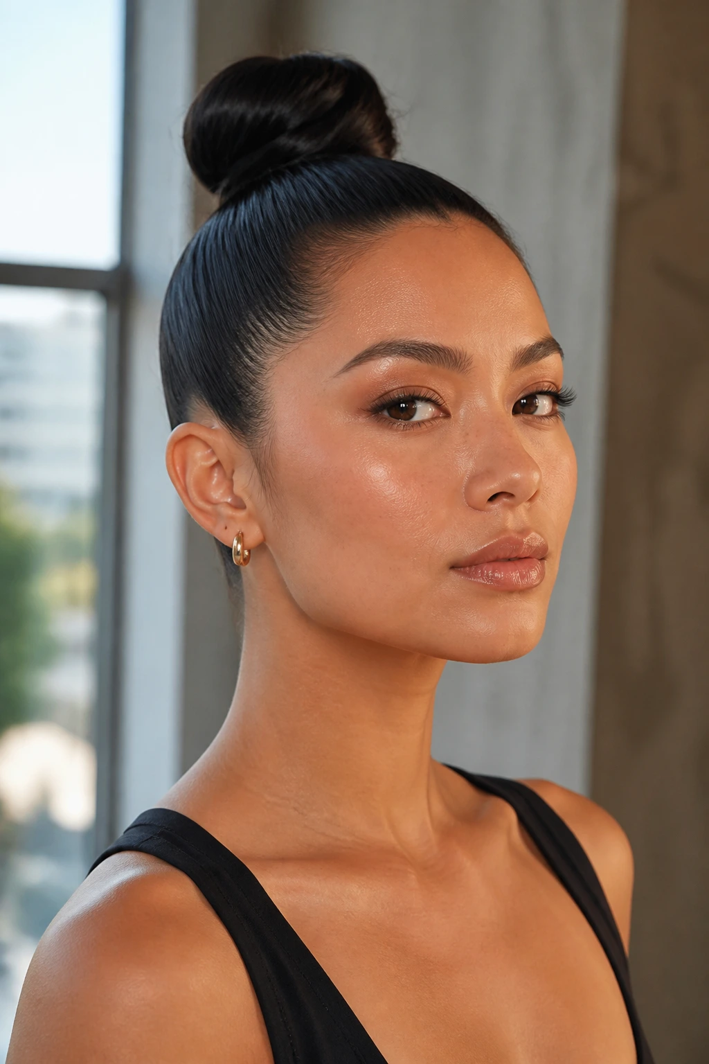 Close-up of a real person with a high, sleek bun and glossy hair.