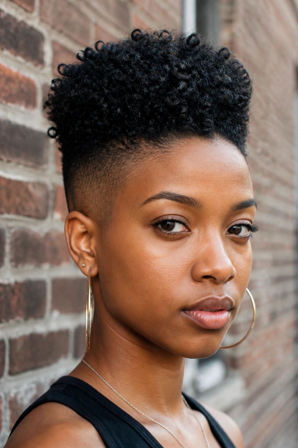 Close-up of a Black woman with a high-top fade and curly crown