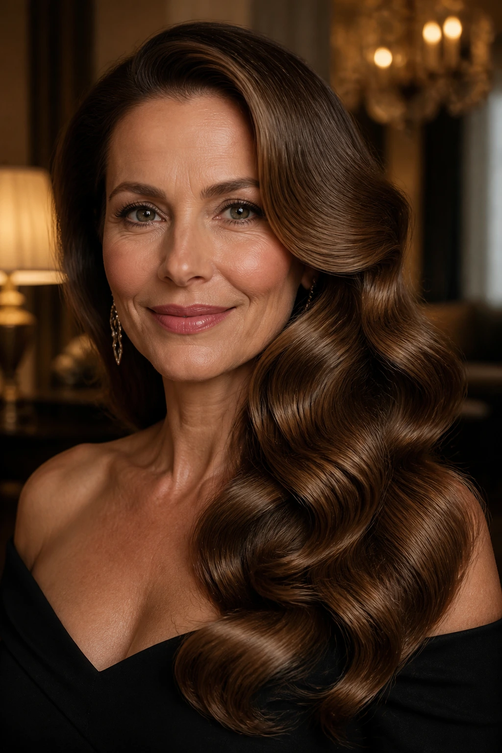 Portrait of a woman with Hollywood glam waves in warm evening light.