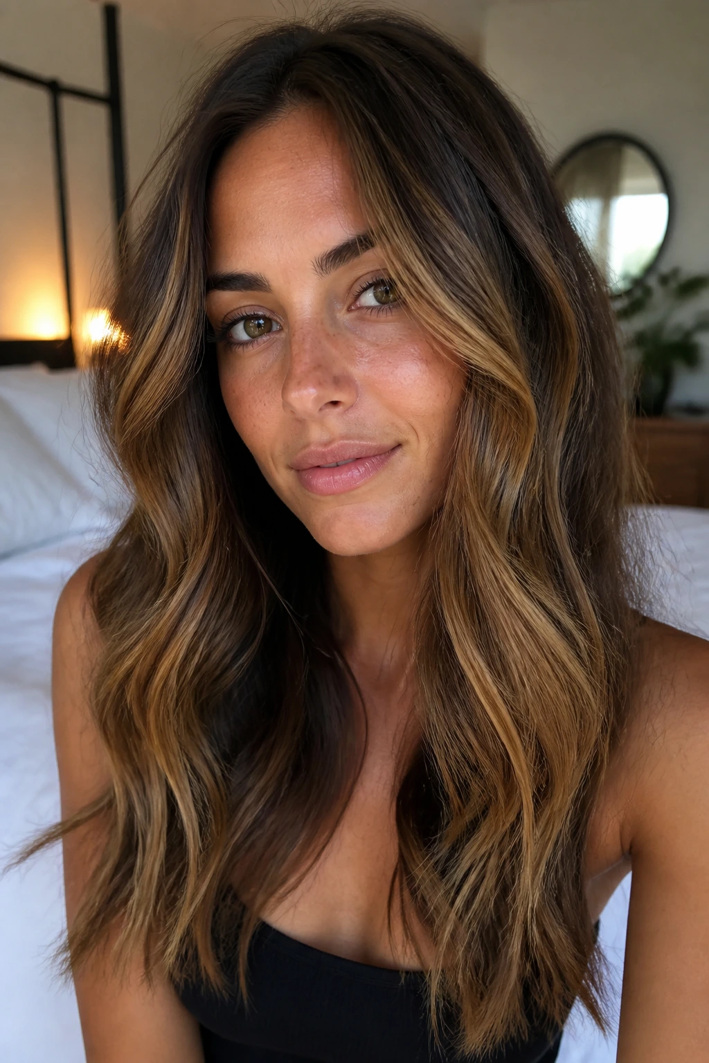 Close-up of a real woman with honey balayage highlights on brunette hair in warm light