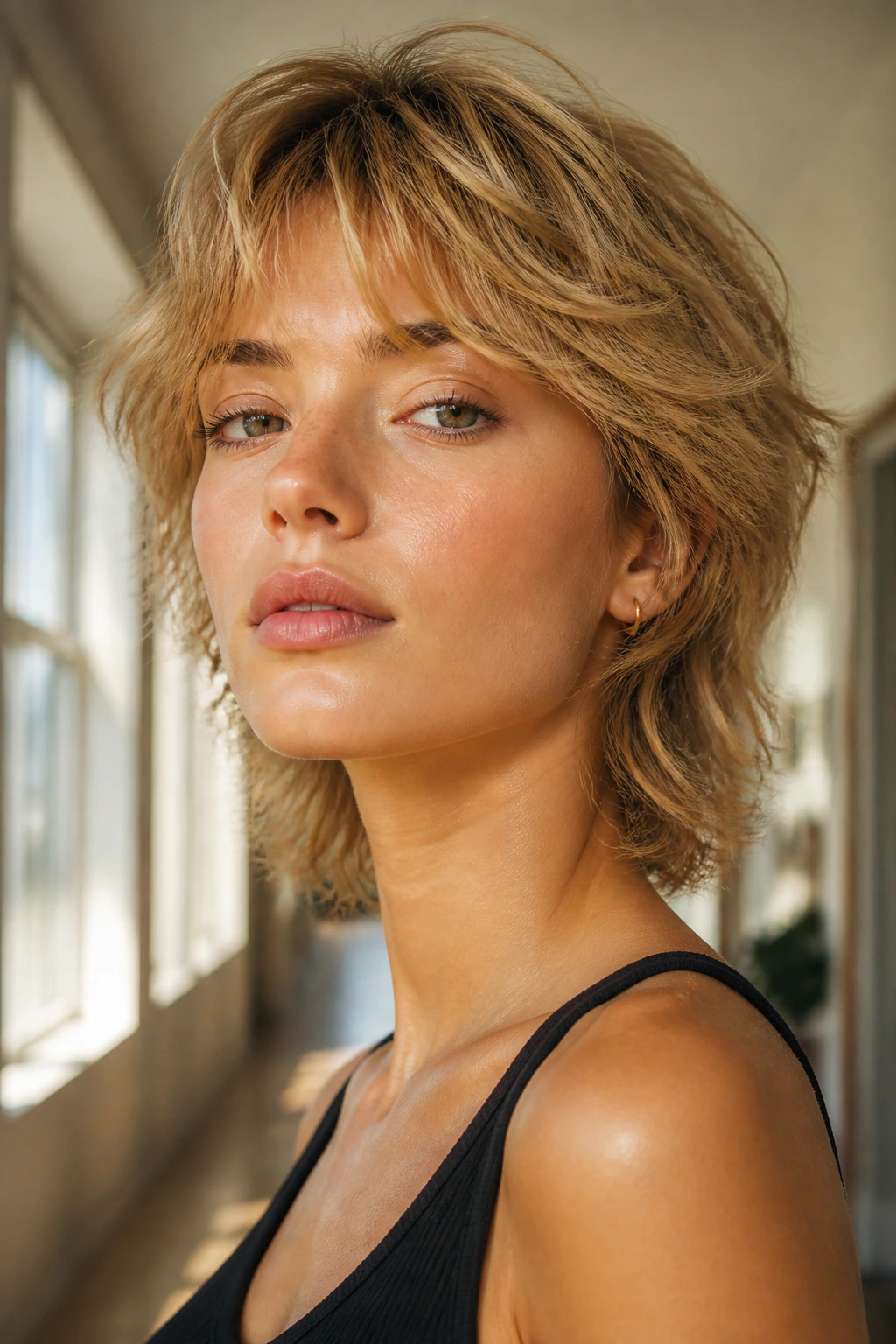 Close-up portrait of a real person with a short wolf cut in honey blonde, warm glow