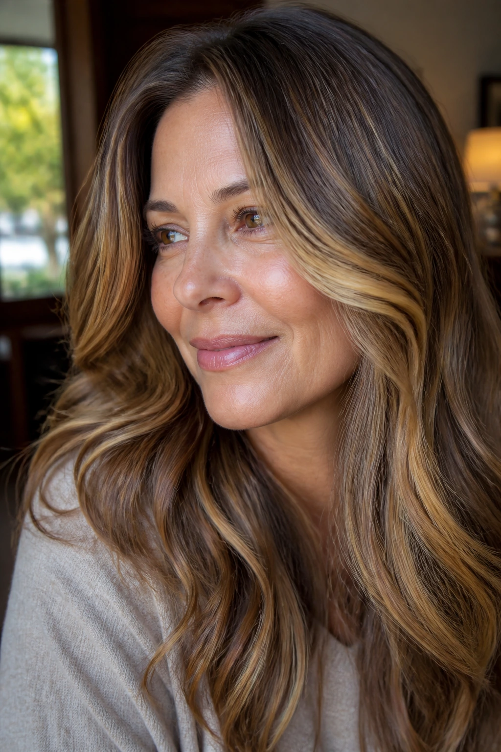 Close-up of light brown hair with warm honey caramel ribbons
