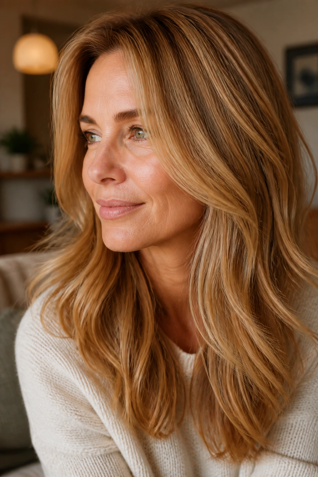Close-up of a real woman with warm honey glaze hair in cozy light