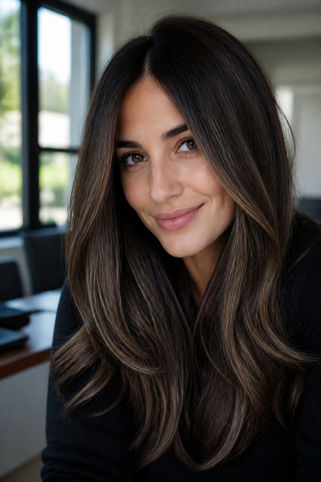Close-up of a real woman with cool-toned iced coffee brown hair and taupe highlights in natural light.