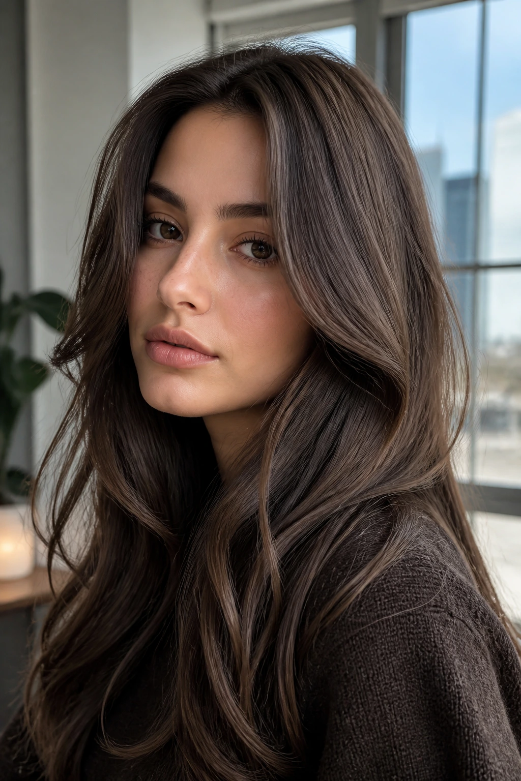 Close-up of a real woman with Iced Mocha brown hair in cool daylight.