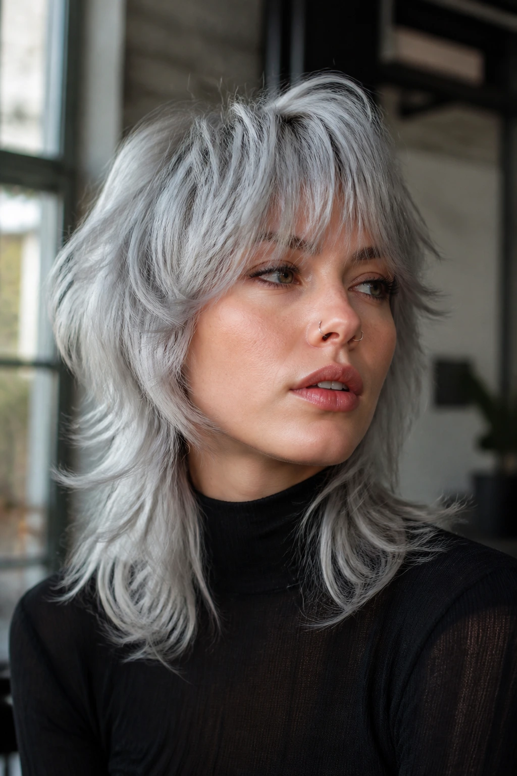 Close-up of a real person with an icy silver wolf cut in a trendy loft