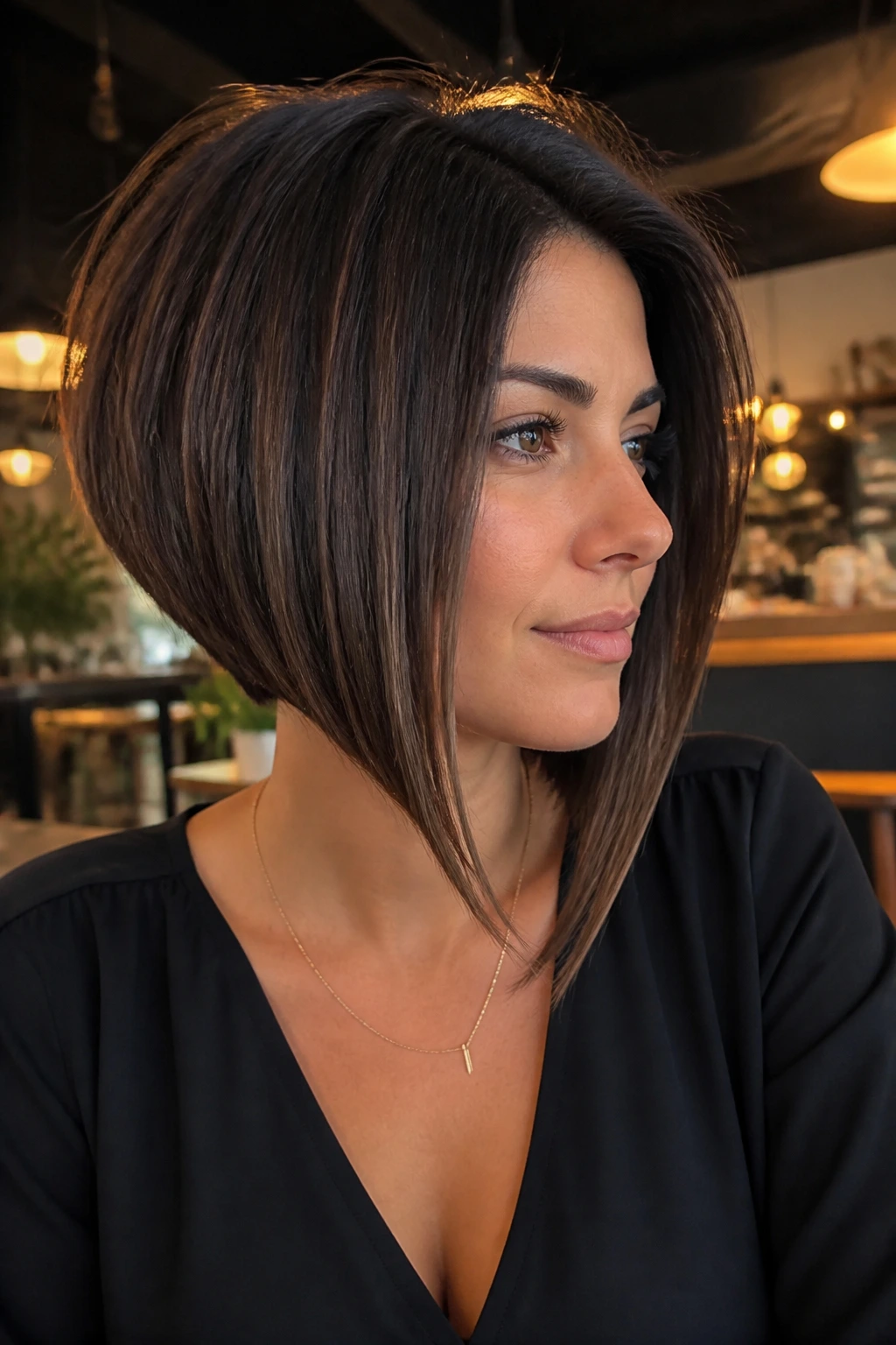 Close-up of a real person showing an inverted bob with front longer than back.