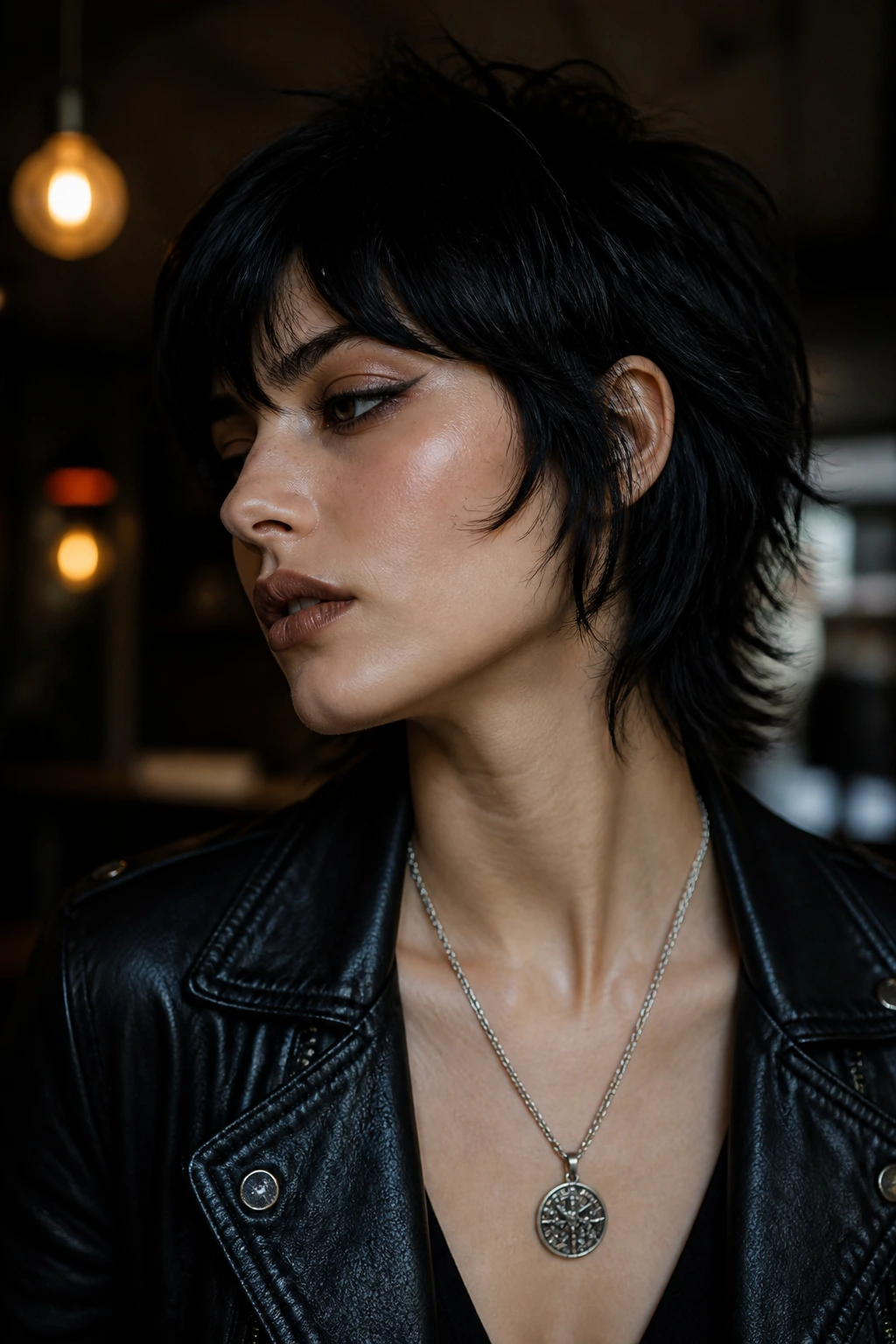 Close-up portrait of a real person with a jet black short wolf cut with high shine